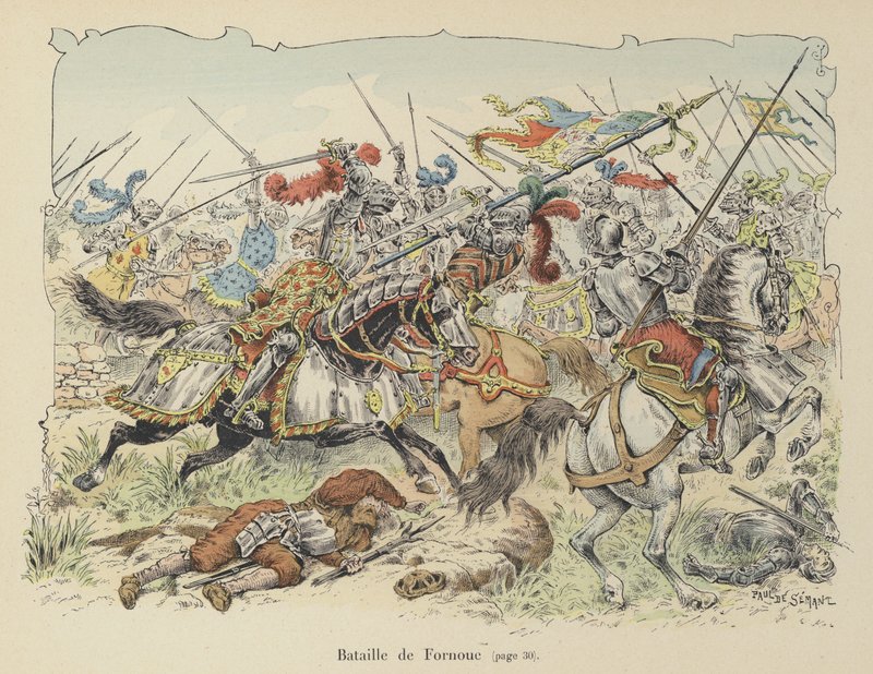 Der Chevalier de Bayard kämpft gegen die Spanier in der Schlacht von Fornovo, Italien, 1495 von Paul de Semant