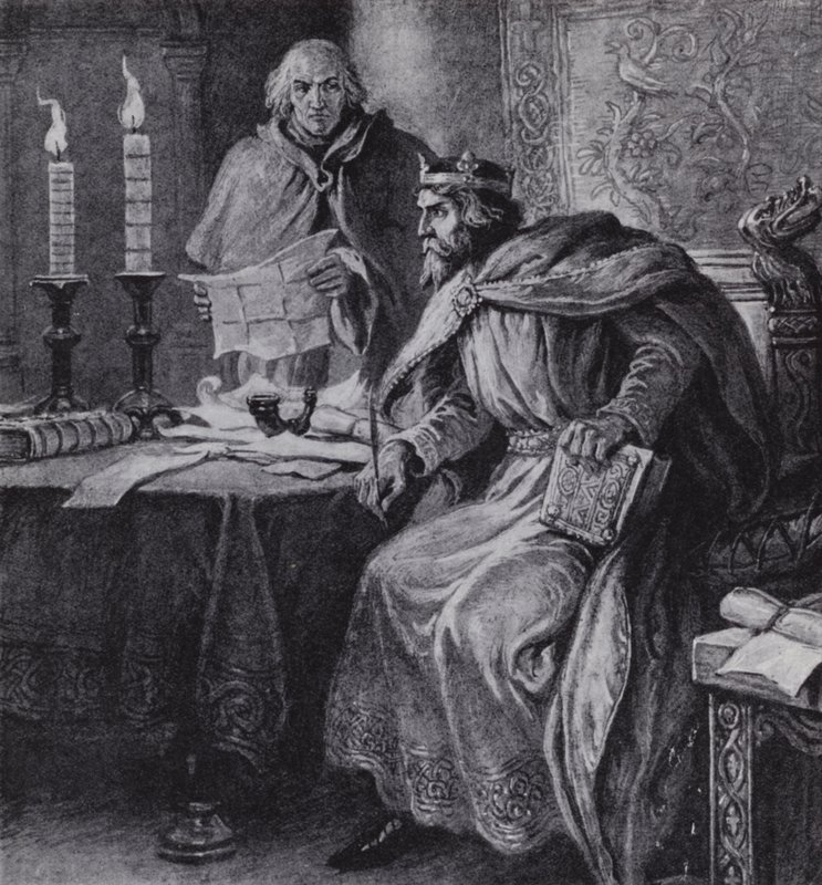 Alfred der Große, König von Wessex, und seine Kerzenuhren (Lithografie) von Paul (after) Hardy