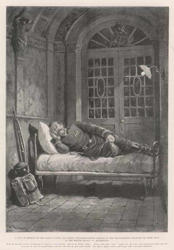 Ein Ehrenposten bei der Garde des Zaren, der ranghöchste Unteroffizier des Preobrajenski-Regiments im Nachtdienst im Winterpalast, St. Petersburg von Paul Frenzeny