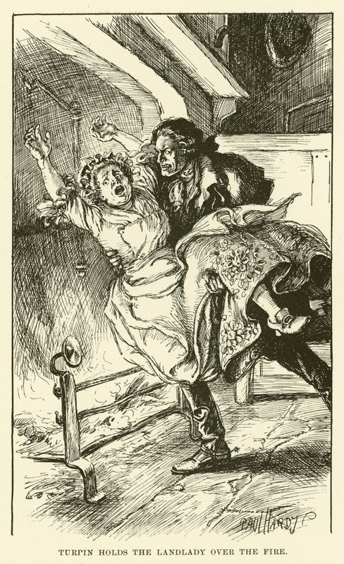 Turpin hält die Wirtin über das Feuer (Gravur) von Paul Hardy