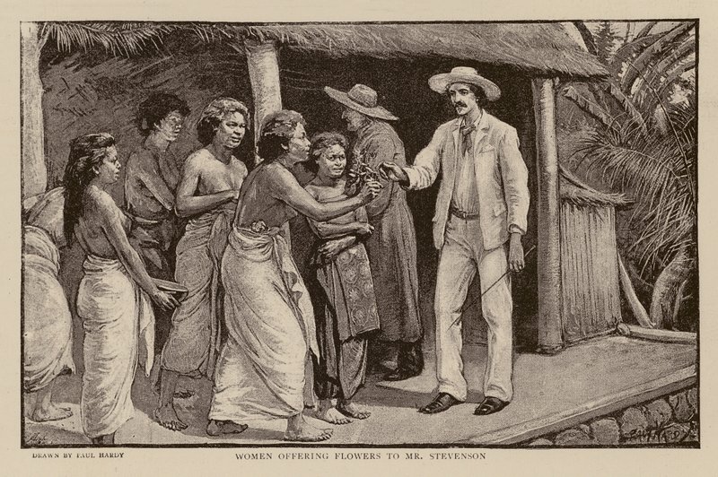 Frauen bieten Robert Louis Stevenson Blumen an (Gravur) von Paul Hardy
