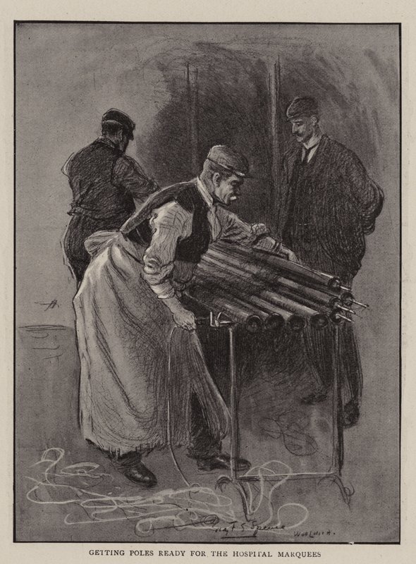 Vorbereitung der Stangen für die Krankenhauszelte von Percy F.S. Spence