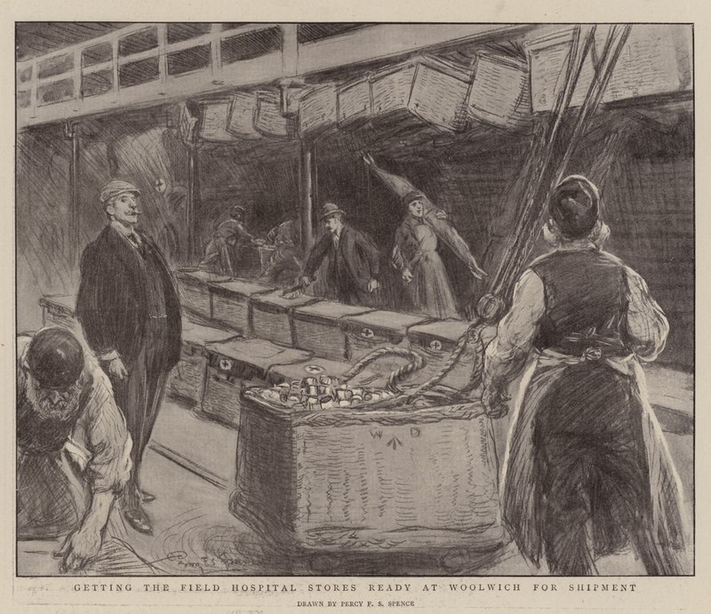 Vorbereitung der Feldlazarettvorräte in Woolwich für den Versand von Percy F.S. Spence