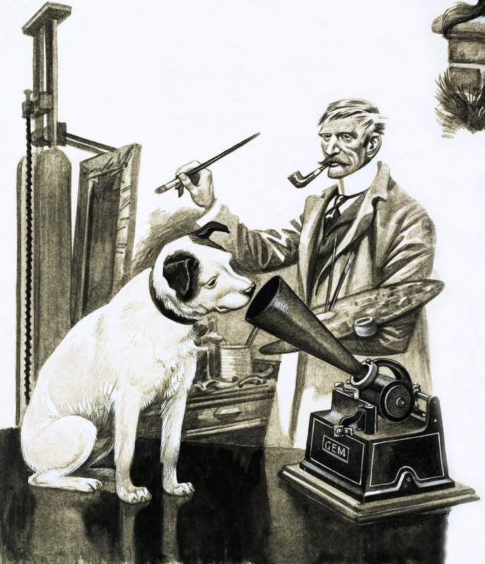 Künstler malt den Hund, der einem Grammophon zuhört von Peter Jackson