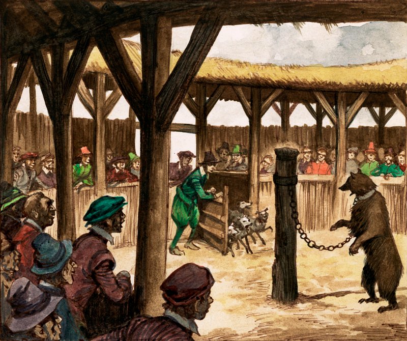 Am Bärenkäfig, Menschenmengen jubelten, als die Hunde hereingelassen wurden, um angekettete Bären anzugreifen (Gouache auf Papier) von Peter Jackson