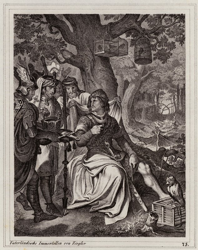 Heinrich der Vogler erhält die Nachricht, dass er König von Ostfranken ist, 919 (Gravur) von Peter Johann Nepomuk Geiger