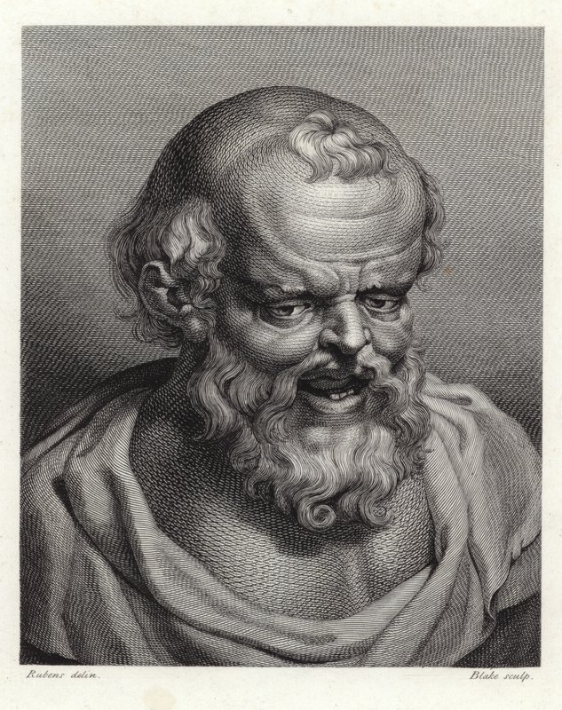 Porträt des antiken griechischen Philosophen Demokrit (Punktstich) von Peter Paul Rubens