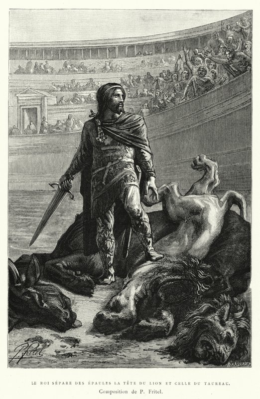 Der König trennt den Kopf des Löwen und des Stiers von den Schultern (Gravur) von Pierre Fritel