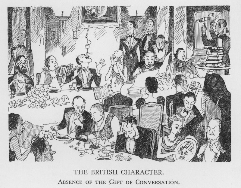 Der britische Charakter, Fehlen der Gabe der Konversation (Litho) von Pont