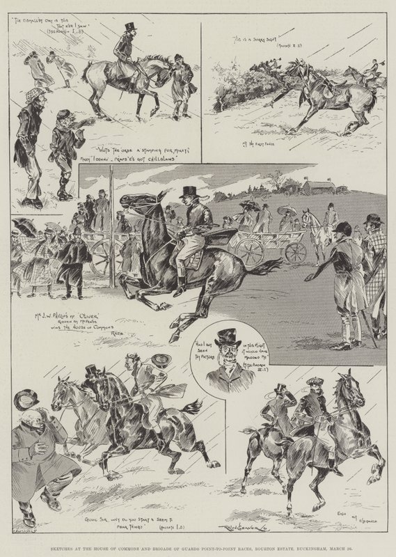 Skizzen im House of Commons und Brigade der Guards Point-to-Point-Rennen, Bourton Estate, Buckingham, 26. März von Ralph Cleaver
