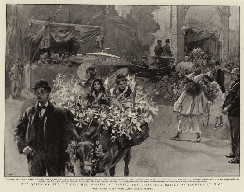 Die Königin an der Riviera, Ihre Majestät besucht die Kinderschlacht der Blumen in Nizza von Reginald Thomas Cleaver