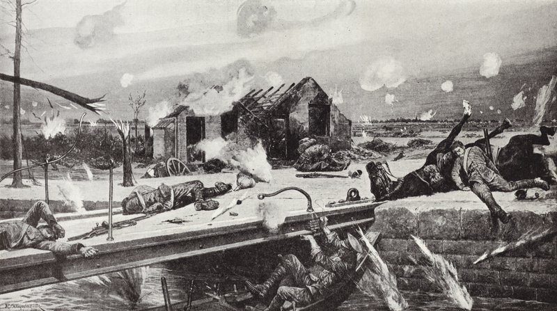 Lance-Corporal Charles Jarvis sprengt die Brücke bei Jemappes, Belgien, 23. August 1914 von Richard Caton Woodville junior
