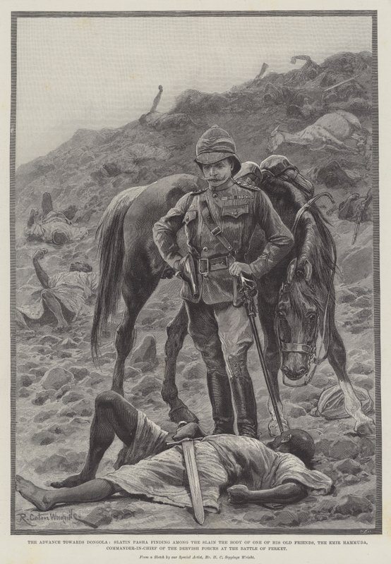Der Vormarsch nach Dongola, Slain Pascha findet unter den Toten den Körper eines seiner alten Freunde, des Emirs Hammuda, Oberbefehlshaber der Derwisch-Truppen in der Schlacht von Ferket von Richard Caton Woodville junior