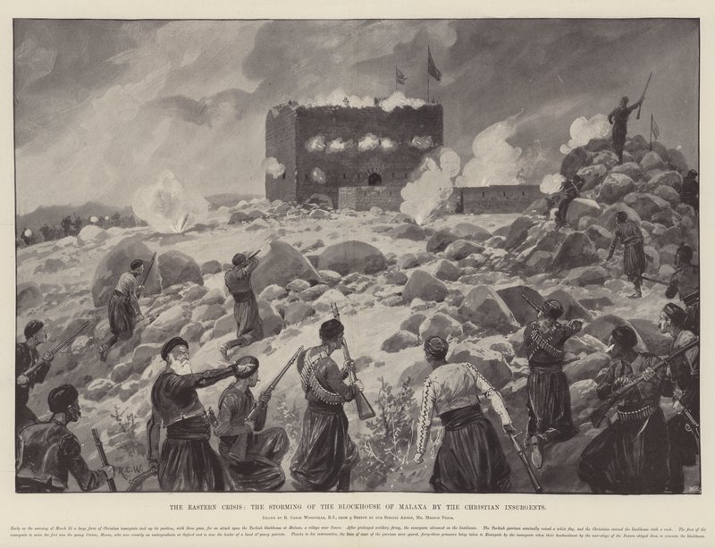 Die östliche Krise, der Sturm auf das Blockhaus von Malaxa durch die christlichen Aufständischen von Richard Caton Woodville junior