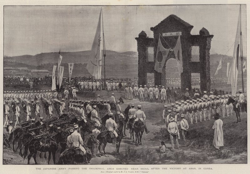 Die japanische Armee passiert den Triumphbogen, der in der Nähe von Seoul nach dem Sieg bei Asan in Korea errichtet wurde von Richard Caton Woodville junior