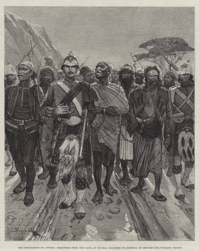 Die Besetzung Zyperns, Gefangene aus dem Gefängnis in Nikosia werden von britischen und türkischen Truppen nach Kyrenia eskortiert von Richard Caton Woodville junior