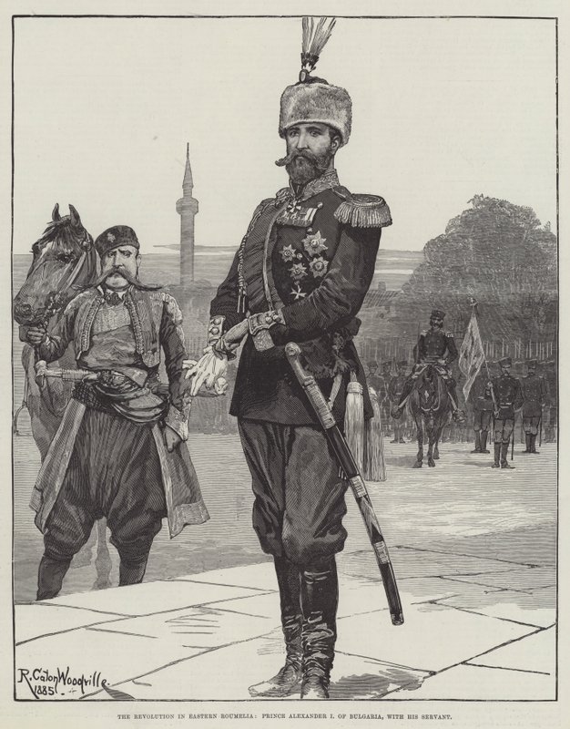 Die Revolution in Ostrumelien, Prinz Alexander I. von Bulgarien, mit seinem Diener von Richard Caton Woodville junior