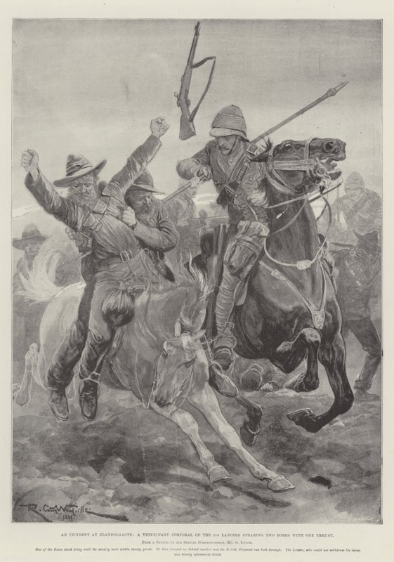 Ein Vorfall bei Elandslaagte, ein Veterinärkorporal der 5. Lancers spießt zwei Buren mit einem Stoß auf von Richard Caton Woodville junior