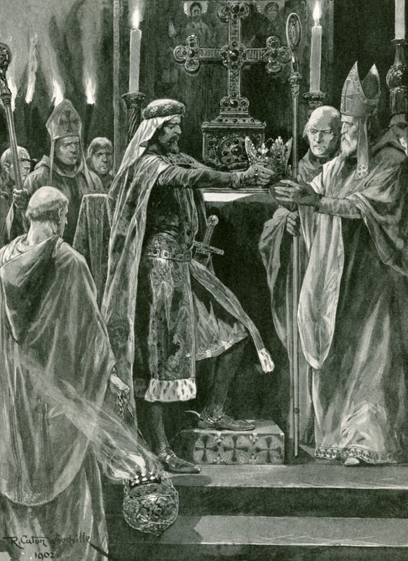 Richard I. übergibt die Krone dem Erzbischof vor der Krönung von Richard Caton Woodville junior