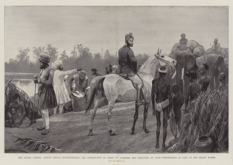 Die indische Hungersnot, ein einheimischer Prinz überwacht die Verteilung von Getreide an ausgehungerte Männer, die im Rahmen der Hilfsarbeiten am Tankbau beschäftigt sind von Richard Caton Woodville junior