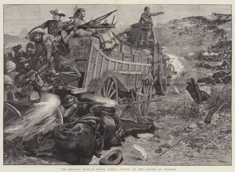 Der Matabili-Krieg in Südafrika, Angriff auf das Wagenlager von Richard Caton Woodville junior