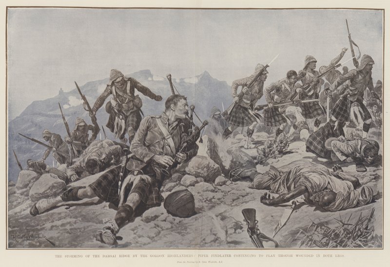 Der Sturm auf den Dargai-Kamm durch die Gordon Highlanders, Piper Findlater spielt weiter, obwohl er an beiden Beinen verwundet ist von Richard Caton Woodville junior