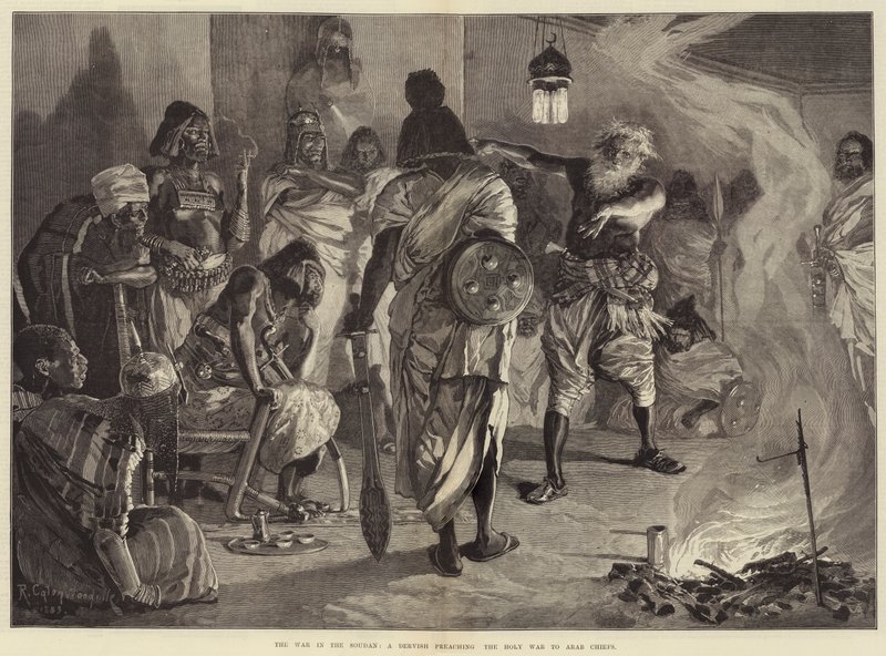 Der Krieg im Sudan, ein Derwisch predigt den Heiligen Krieg den arabischen Häuptlingen von Richard Caton Woodville junior