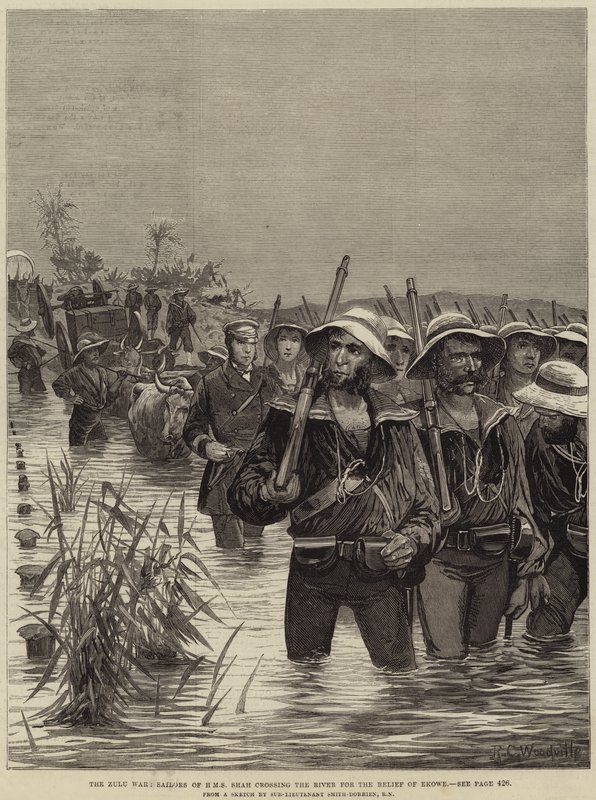 Der Zulukrieg, Matrosen der HMS Shah überqueren den Fluss zur Entlastung von Ekowe von Richard Caton Woodville junior