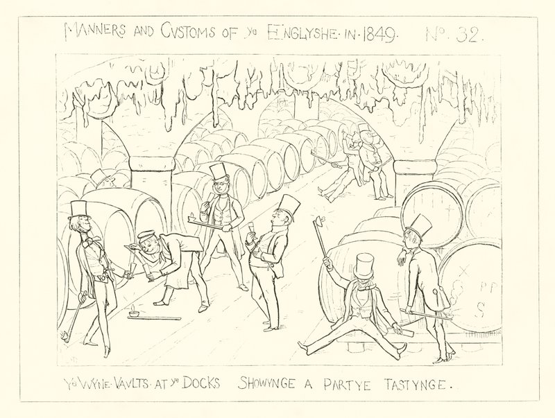 1849, Die Weinkeller an den Docks, die eine Verkostungsparty zeigen von Richard Doyle