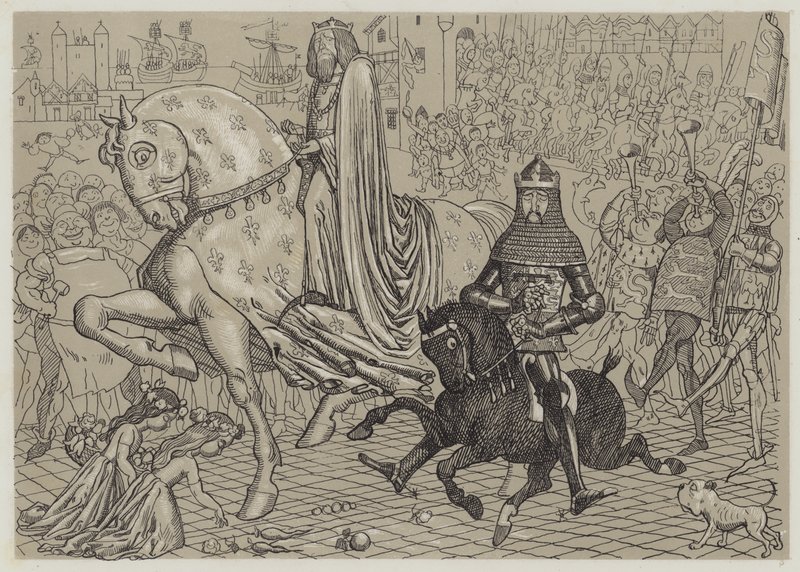 Edward der Schwarze Prinz, mit seinem Gefangenen König Johann von Frankreich, zieht in London ein (Aquatinta) von Richard Doyle