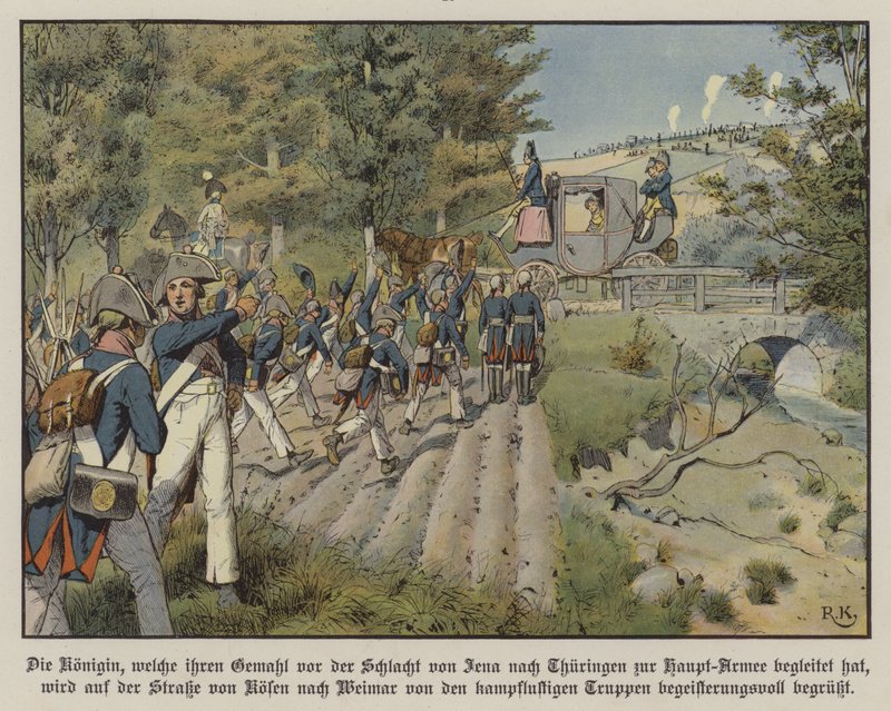 Preußische Soldaten grüßen Königin Luise von Preußen auf der Straße von Kosen nach Weimar von Richard Knotel