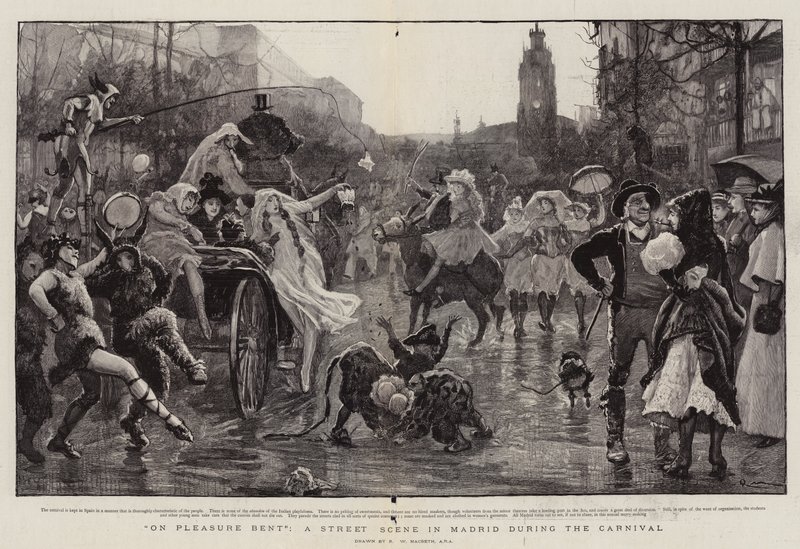 Auf Vergnügen aus, eine Straßenszene in Madrid während des Karnevals von Robert Walker Macbeth
