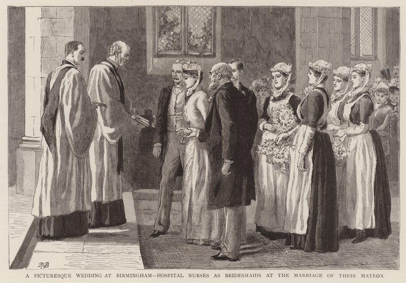 Eine malerische Hochzeit in Birmingham, Krankenhauskrankenschwestern als Brautjungfern bei der Hochzeit ihrer Oberschwester von Robert Barnes