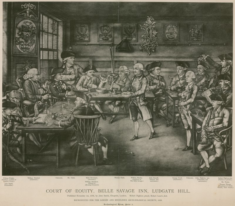 Gerichtshof der Gerechtigkeit, Belle Savage Inn, Ludgate Hill, London von Robert Dighton