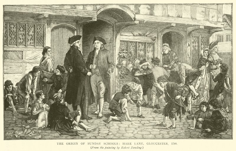 Der Ursprung der Sonntagsschulen, Hare Lane, Gloucester, 1780 von Robert Dowling