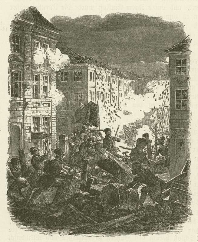 Kämpfe an einer Barrikade vor dem Kolln Rathaus in Berlin in der Nacht vom 18. auf den 19. März 1848 von Robert Kretschmer