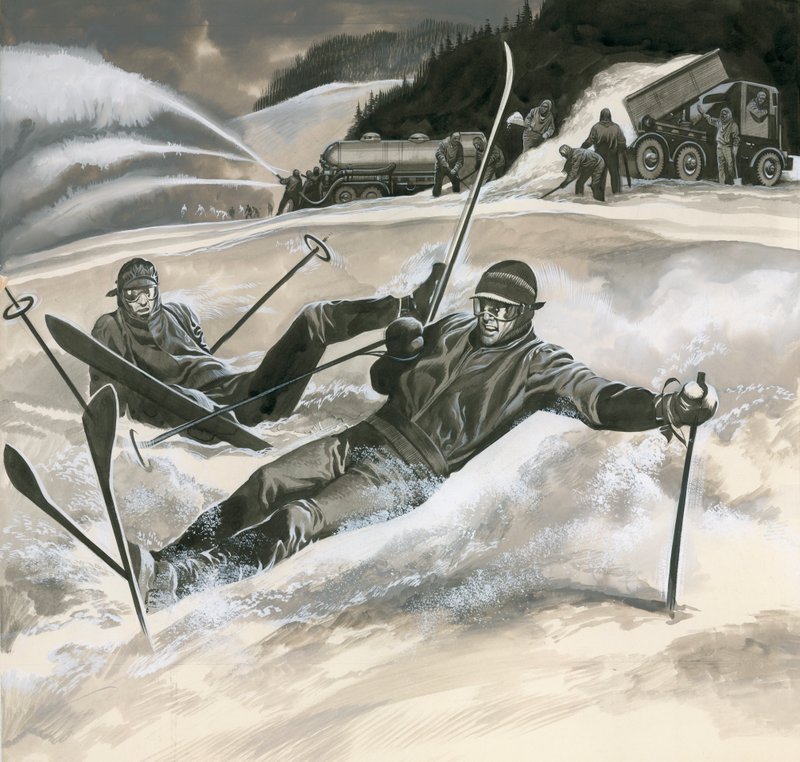 Skifahrer und Schneemaschinen von Ron Embleton
