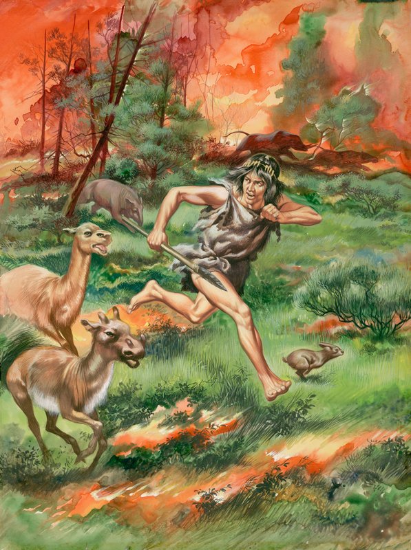 Steinzeitmensch, der vor Feuer mit Tieren flieht von Ron Embleton