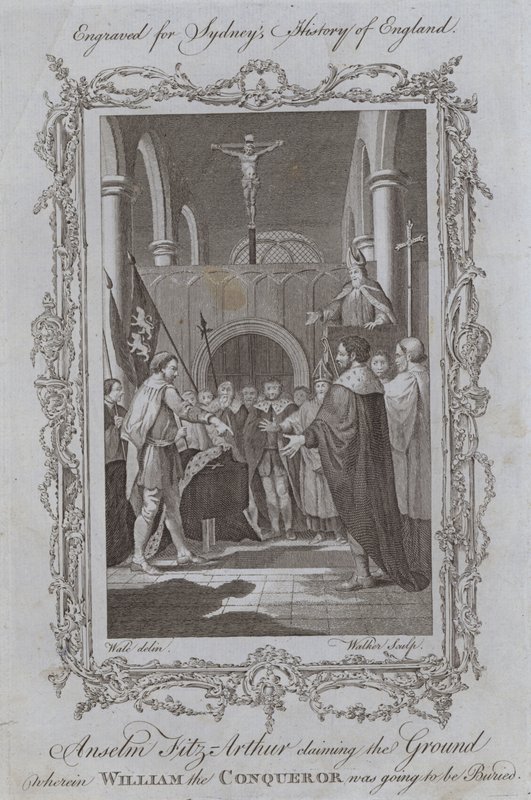 Anselm Fitz-Arthur beansprucht das Land, auf dem Wilhelm der Eroberer begraben werden sollte (Stich) von Samuel (after) Wale