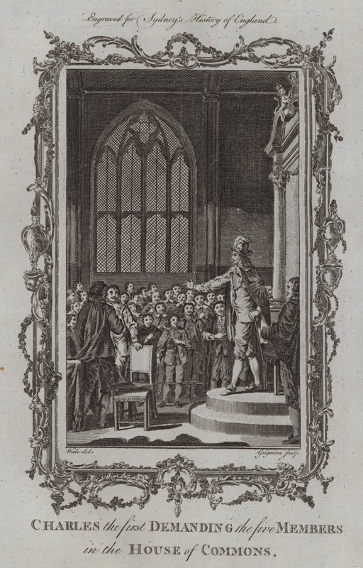 Karl I. fordert die fünf Mitglieder im Unterhaus (Stich) von Samuel (after) Wale