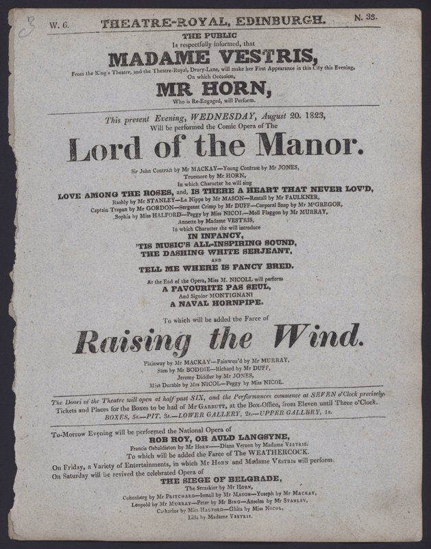 Theaterprogramm für das Theatre Royal, Edinburgh, 20. August 1823 von Scottish School