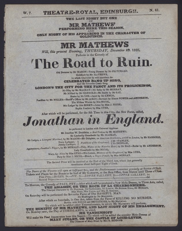Theaterprogramm für das Theatre Royal, Edinburgh, 29. Dezember 1825 von Scottish School