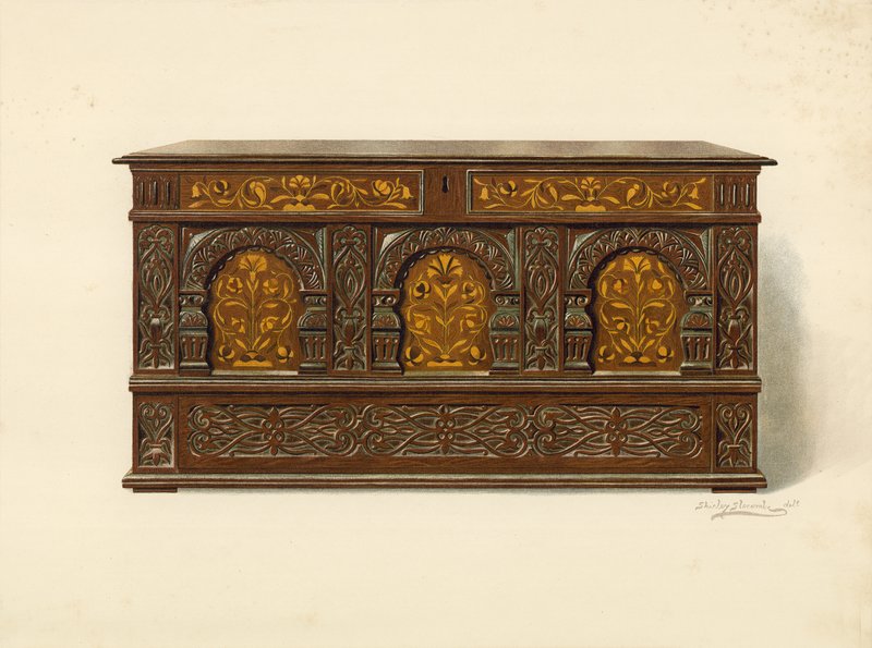 Eichenholz-Truhe, Eigentum von Arthur James von Shirley Charles Llewellyn Slocombe