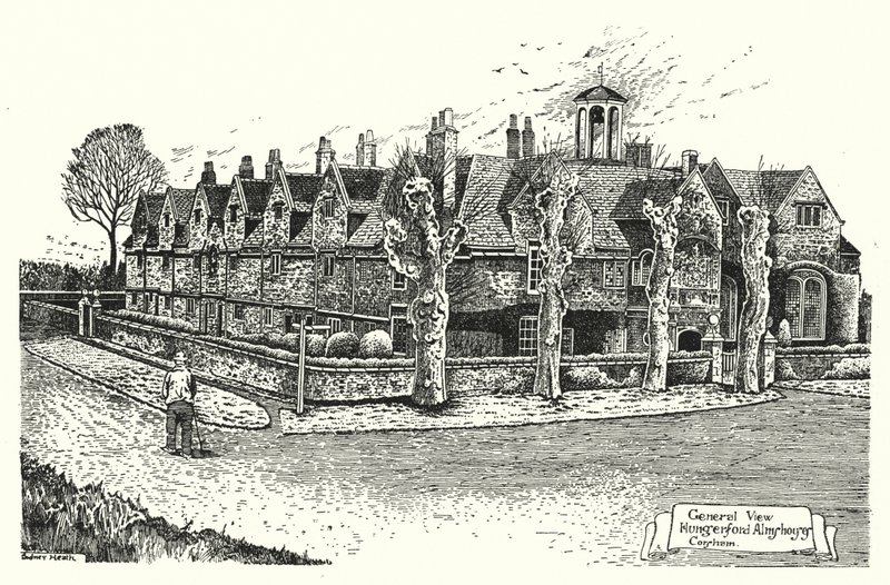 Gesamtansicht, Hungerford Almshouses, Corsham (Gravur) von Sidney Heath