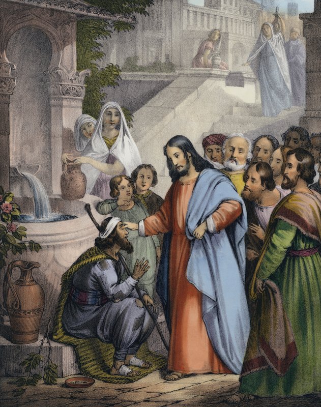 Jesus heilt einen Blindgeborenen (kolorierte Gravur) von Siegfried Detler Bendixen