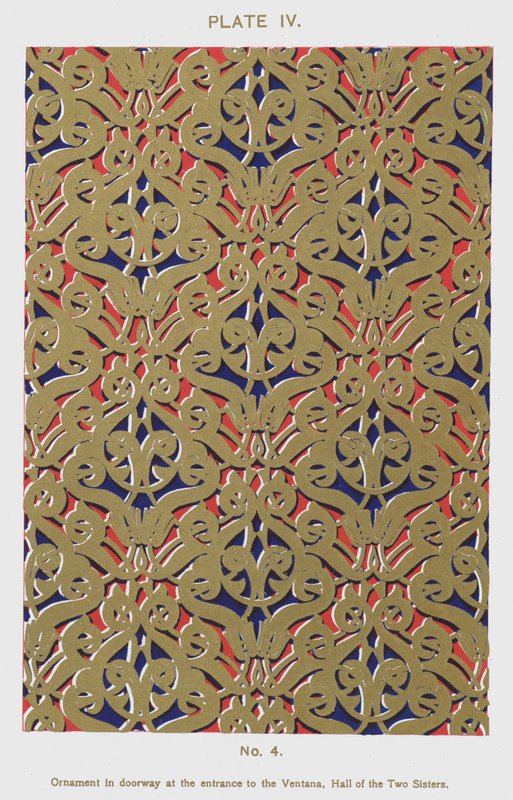 Ornament im Türrahmen am Eingang zur Ventana, Halle der zwei Schwestern (Farblithografie) von Spanish School