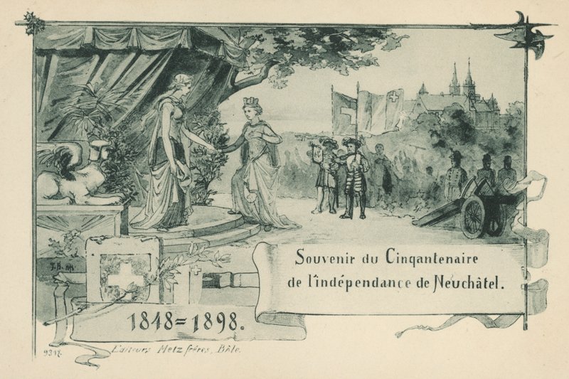 Fünfzigjähriges Jubiläum von Neuchatel, das sich 1848 zur Republik innerhalb der Schweizerischen Eidgenossenschaft erklärte von Swiss School