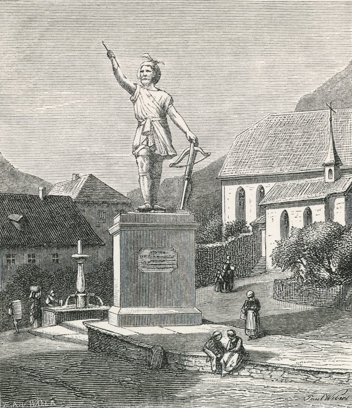 Statue von Tell in Altdorf, nahe dem Ort, wo er den Apfel vom Kopf seines Sohnes geschossen haben soll von Swiss School