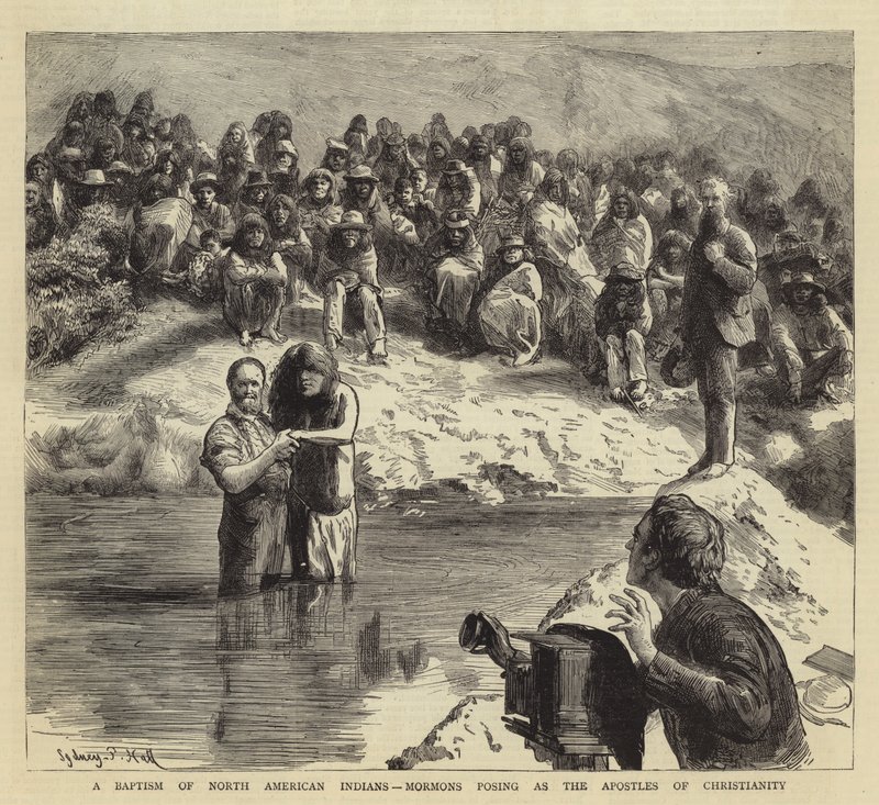Eine Taufe nordamerikanischer Indianer, Mormonen posieren als Apostel des Christentums von Sydney Prior Hall