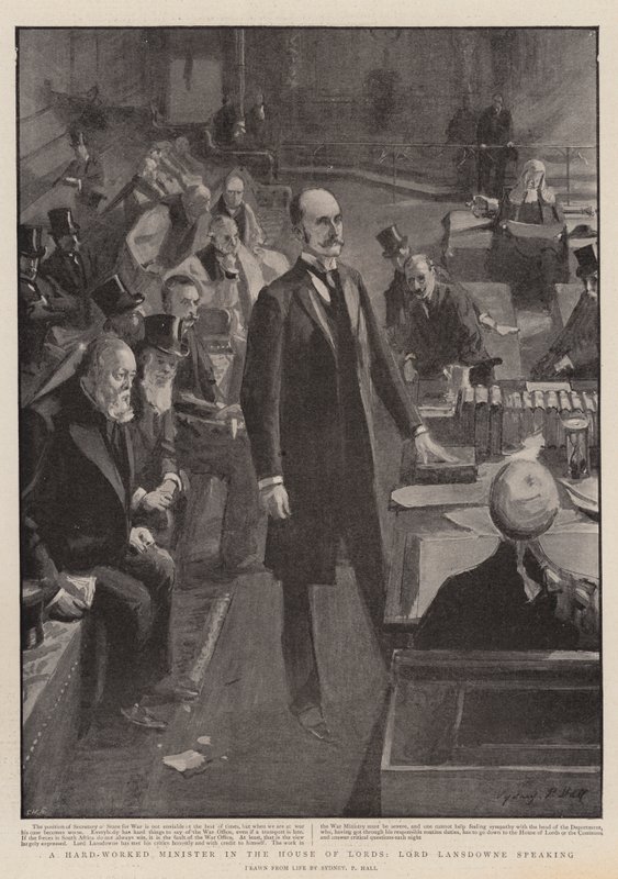 Ein hart arbeitender Minister im House of Lords, Lord Lansdowne spricht von Sydney Prior Hall